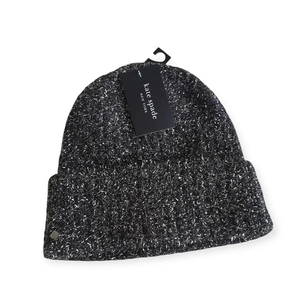 Kate Spade New York Black Silver Tinsel Knit Beanie Winter Hat NWT